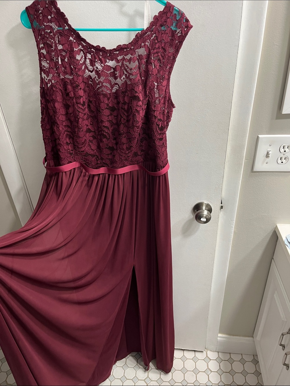 David's Bridal Burgundy Lace Bodice Maxi Dress - Picture 3 of 4